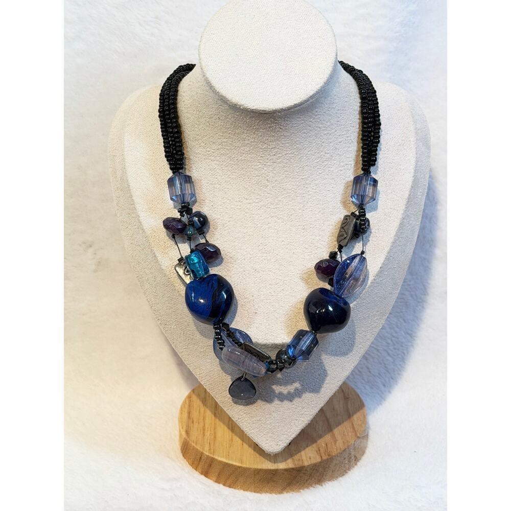Chunky Beaded Statement Necklace – Blue Purple Black